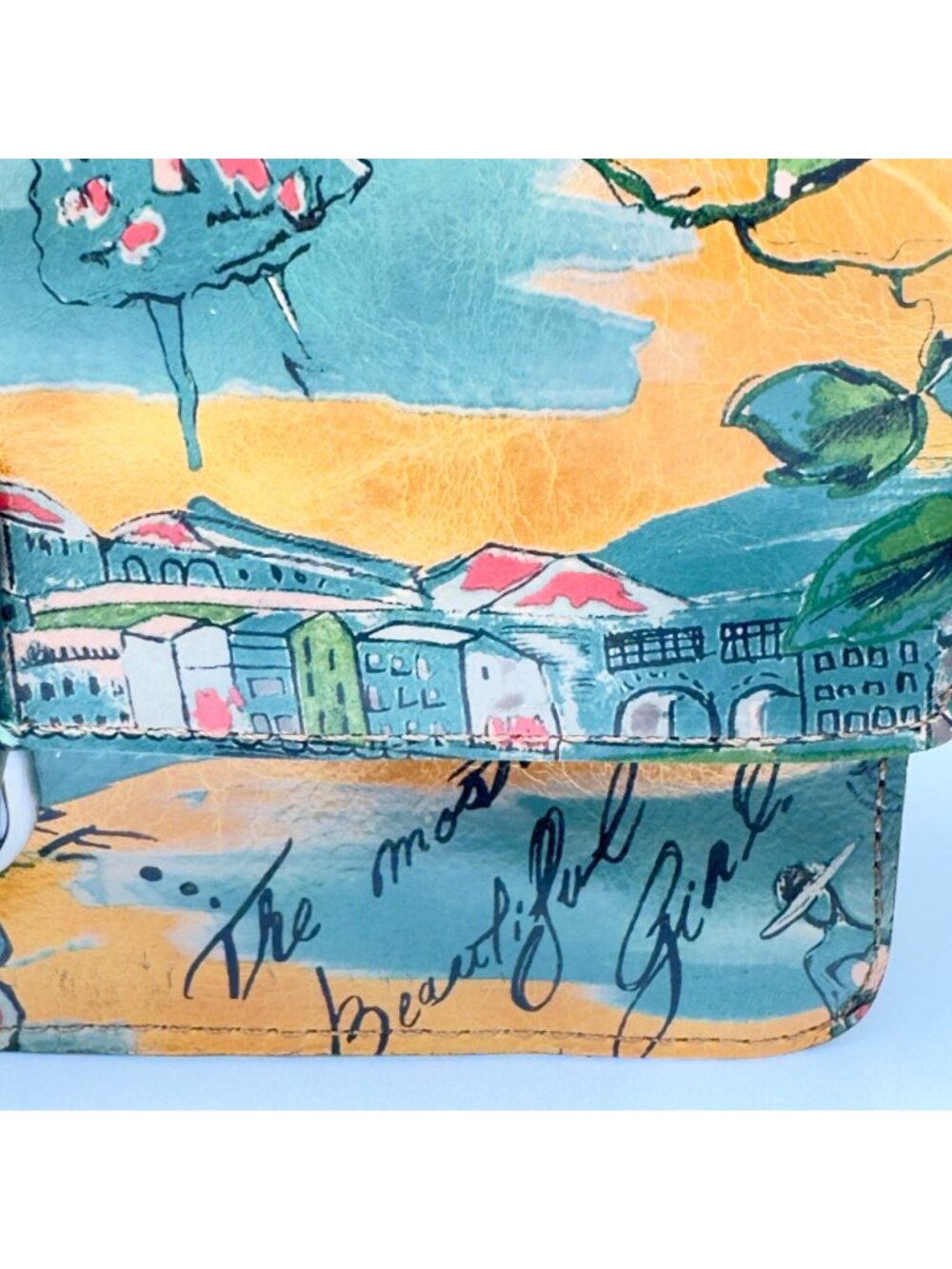 Patricia Nash Lanza Beautiful Girl Print Leather Crossbody Bag Push Lock Closure - Picture 7 of 16
